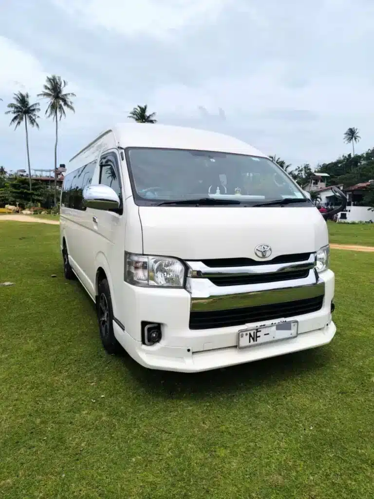 A white Toyota high-roof van parked on a lawn, with palm trees and buildings behind it under a cloudy sky
