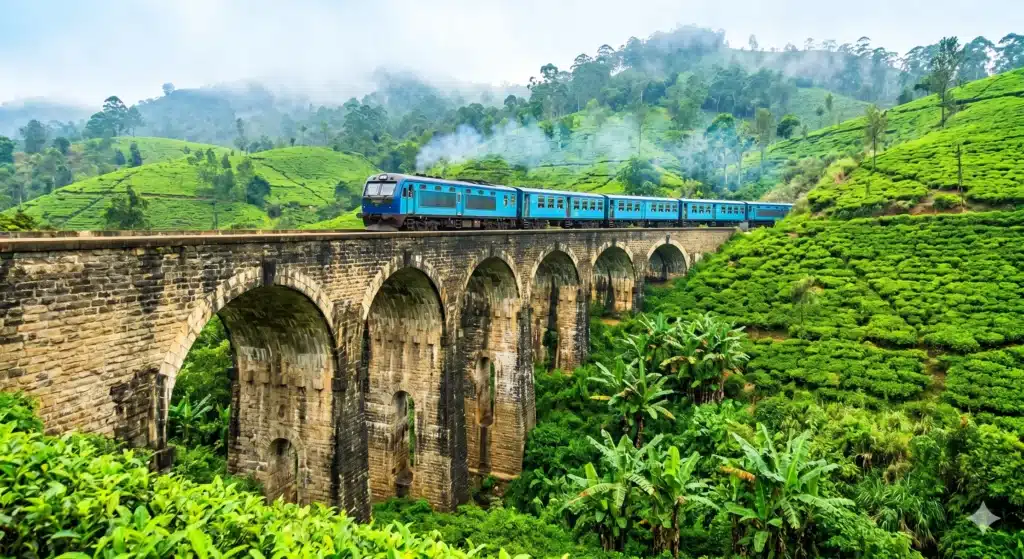 A scenic view of the blue train crossing the historic stone Nine Arch Bridge near Ella, Sri Lanka, surrounded by lush tea plantations and forest.
