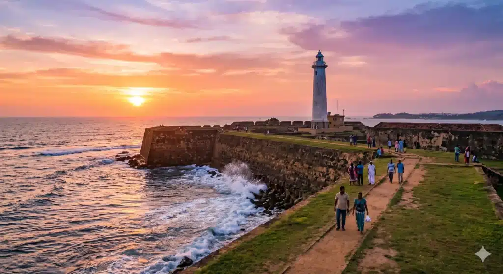 A sunset view over the Indian Ocean from the ancient ramparts of Galle Fort, Sri Lanka, featuring the lighthouse against a dramatic sky.
