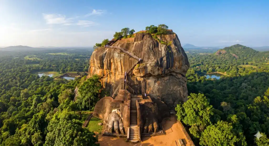 An aerial view of the ancient Sigiriya Rock Fortress in Sri Lanka at sunrise, rising from the jungle with historic gardens at its base.