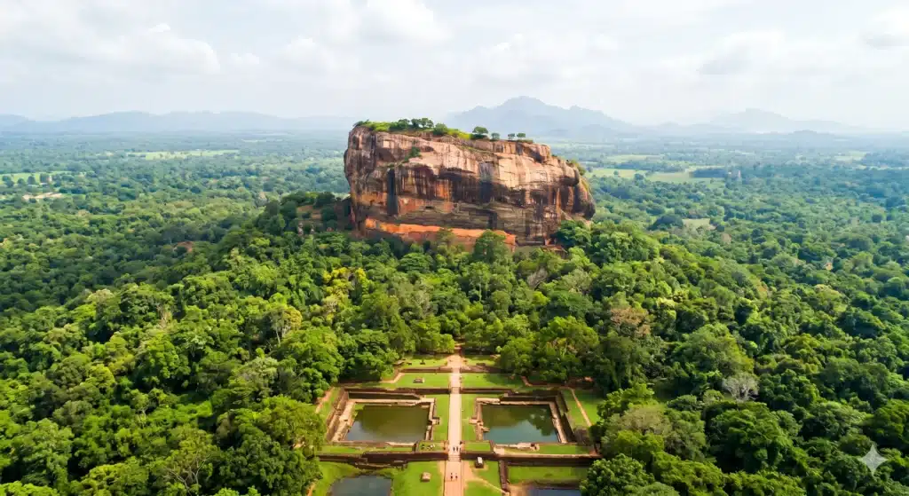 The ancient Sigiriya rock fortress rising above lush green jungles, a major highlight of sri lanka tourism.