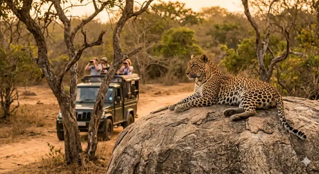 A wildlife photograph from a safari jeep in Yala National Park, Sri Lanka, showing a sleek Sri Lankan leopard resting on a boulder at golden hour.
